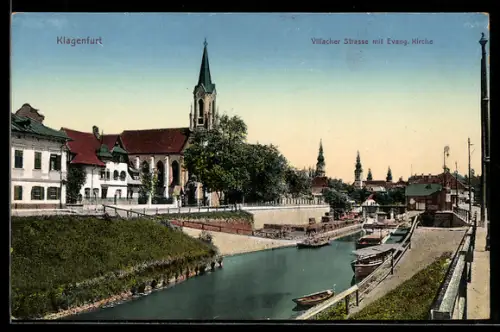 AK Klagenfurt, Villacher Strasse mit evangelischer Kirche, Kanalhafen