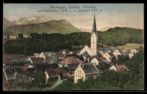 AK Hermagor /Gailtal, Ortspanorama mit Kirche, Gartnerkofel und Trogkofel