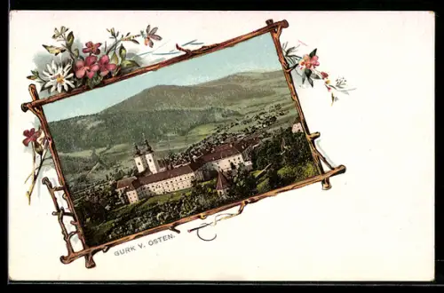 Lithographie Gurk, Dom und Stift, Bergpanorama, Rahmen mit Blumen