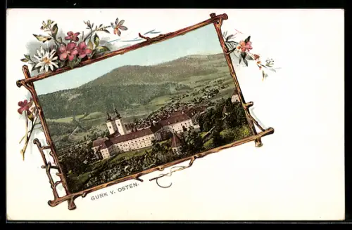 Lithographie Gurk, Dom und Stift, Blick von Osten, Rahmen mit Blumen