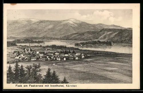 Künstler-AK Faak am Faakersee, Ort mit Inselhotel