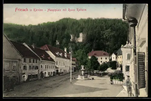 AK Friesach /Kärnten, Hauptplatz mit Ruine Rotturn