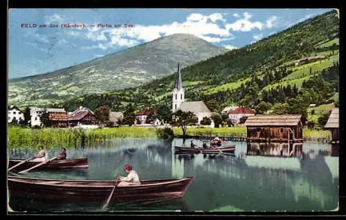 AK Feld am See, Partie am See mit Kirche und Ruderbooten