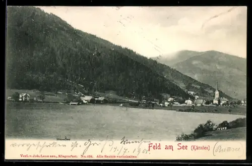 AK Feld am See, Ortspanorama mit See und Kirche