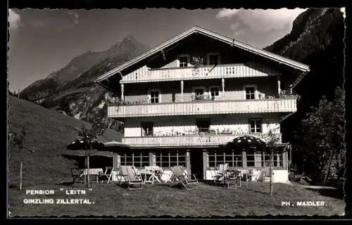 AK Ginzling /Zillertal, Pension Leitn, Vorderansicht mit Gebirgspanorama