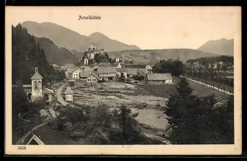 AK Arnoldstein, Ortspanorama mit Burg und Brücke