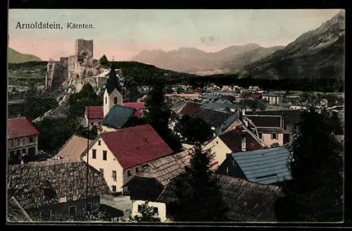 AK Arnoldstein /Kärnten, Burgruine und Kirche, Ortsansicht mit Gebirgspanorama