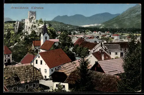 AK Arnoldstein /Kärnten, Ortspanorama mit Burg und Kirche
