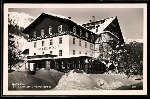 AK St. Anton am Arlberg, Hotel Post im Winter