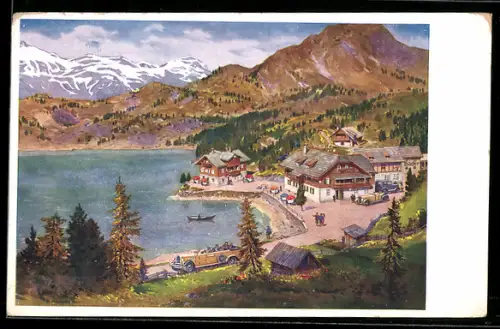 Künstler-AK Turracherhöhe, Alpengasthof Siegel am Turrachersee, Seeufer mit Gastbetrieben und Gebirgspanorama