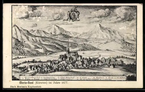 Künstler-AK Maria-Saal /Kärnten, Kupferstich-Stadtansicht mit Kirche, Merian