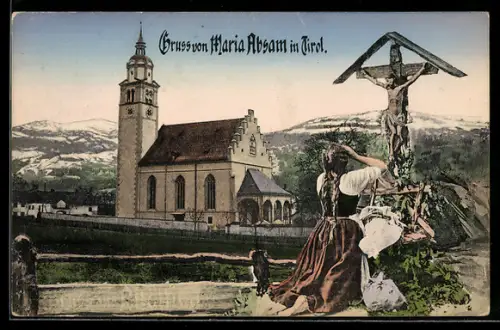 AK Maria Absam in Tirol, Kirche, betende Frau am Wegkreuz