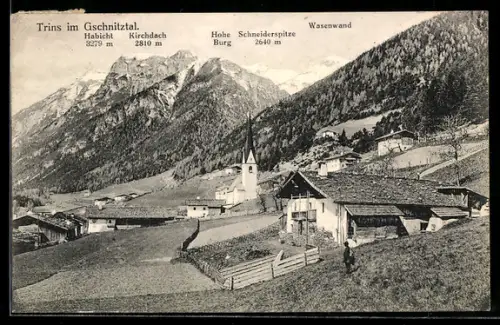 AK Trins im Gschnitztal, Dorf mit Kirche und Bergpanorama