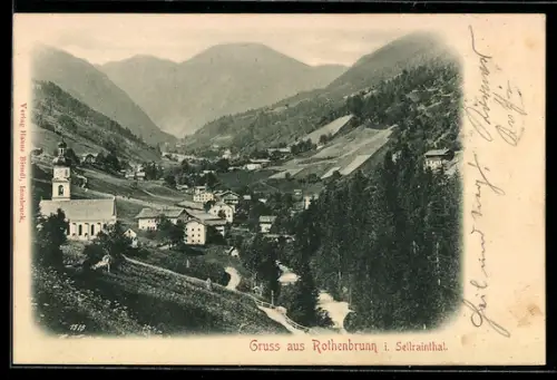 AK Rothenbrunn i. Sellrainthal, Panorama mit Kirche und Gebirgsbach
