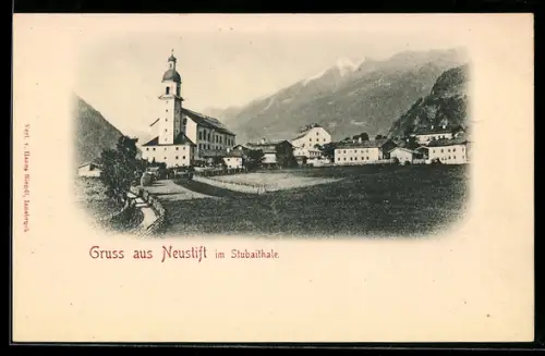AK Neustift im Stubaitale, Dorfansicht mit Kirche und Bergpanorama