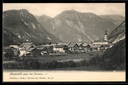 AK Nassereith, Gegen den Fernpass, Dorf mit Kirche und Bergpanorama