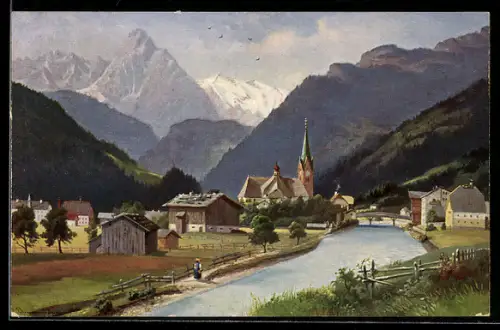 AK Zell /Zillertal, Ortsansicht mit Kirche, Brücke und Bergpanorama