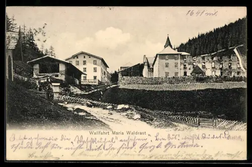 AK Maria Waldrast, Wallfahrtskirche mit Kloster und Gebirgsbach