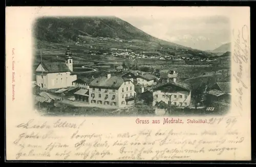 AK Medratz /Stubaital, Dorfansicht mit Kirche und Bergpanorama