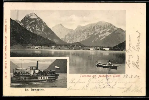 AK Pertisau am Achensee, Panorama mit See, Dampfschiff `St. Benedikt` und Bergpanorama