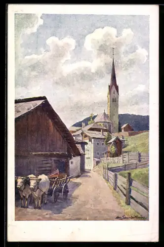 Künstler-AK sign. Aeg. Sonnleithner: St. Lorenzen im Lesachtal, Dorfstrasse mit Kirche und Ochsengespann