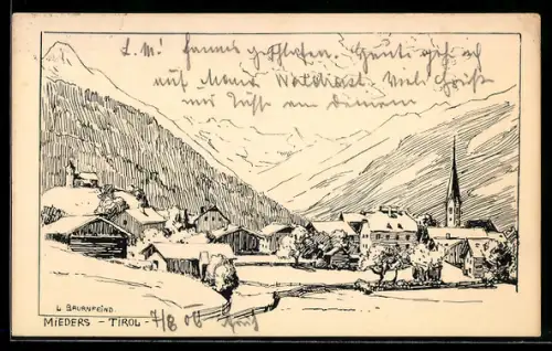 Künstler-AK sign. L. Baurnfeind: Mieders /Tirol, Ortsansicht mit Kirche und Bergpanorama