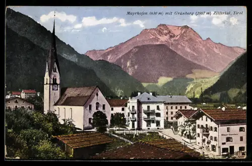 AK Mayrhofen /Zillertal, Ortsansicht mit Kirche und Grünberg