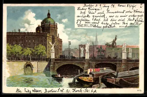 Künstler-AK Berlin, Schlossbrücke, Stadtschloss, Reiterstandbild