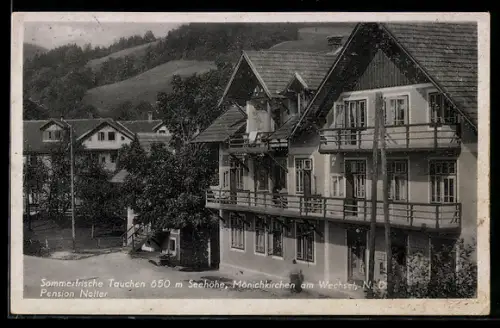 AK Tauchen am Wechsel, Häuser der Ortschaft im Sonnenschein