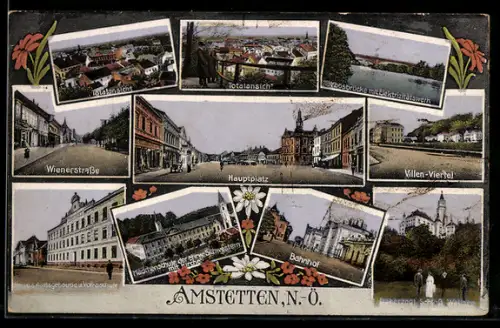 AK Amstetten, Totalansicht, Ybbsbrücke mit Elektrizitätswerk, Bahnhof