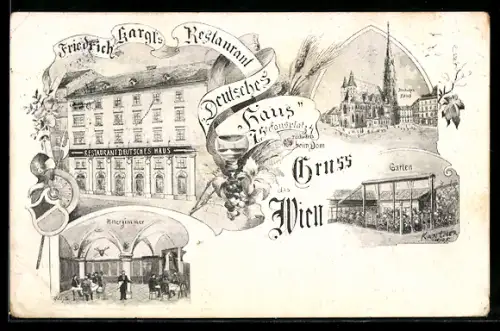 AK Wien, Restaurant Deutsches Haus mit Garten und Ritterzimmer am Stefansplatz 4