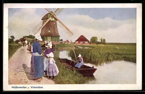AK Voldendam, Watermolen, Windmühle und Frau und Mädchen in Tracht