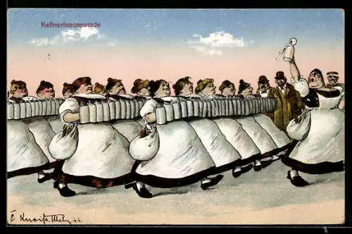 AK Kellnerinnenparade, Karikatur