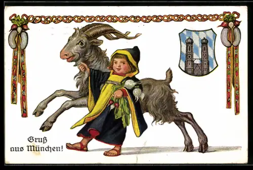AK München, Münchner Kindl mit Geissbock