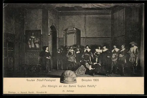 AK Dresden, Gustav Adolf-Festspiel 1906 im Hospiz Zinzendorfstrasse 17, Theaterszene: Königin an der Bahre G. Adolfs