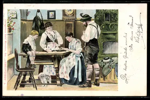 AK Liebeswerben, Familie in bayerischer Tracht in der Stube, Frau beim Spiel auf der Zither