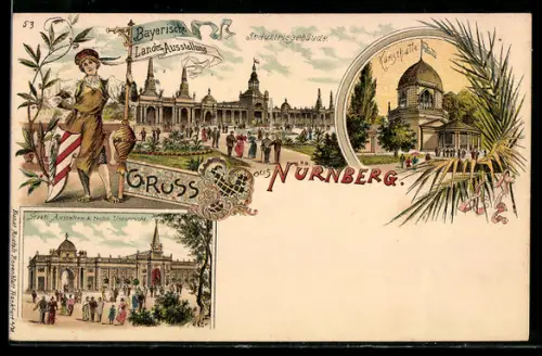 Lithographie Nürnberg, Bayer. Landesausstellung 1896, Staatl. Anstalten, Industriegebäude, Kunsthalle