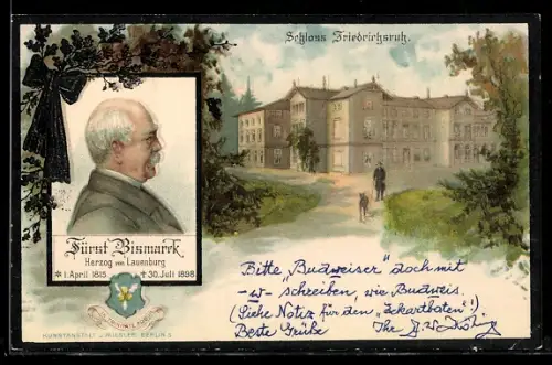 Sterbe-AK Friedrichsruh, Fürst Bismarck, Schloss Friedrichsruh, Herzog von Lauenburg, geb. 1815, gest. 1898