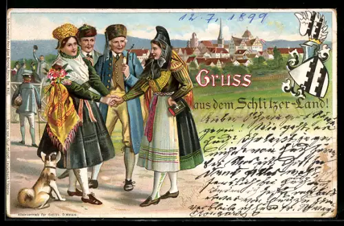 Lithographie Gruss aus dem Schlitzer Land, Paare in hessischen Trachten begrüssen sich