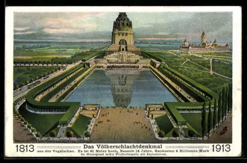 AK Leipzig, Völkerschlachtdenkmal aus der Vogelschau, im Hintergrund rechts Friedhofskapelle mit Krematorium