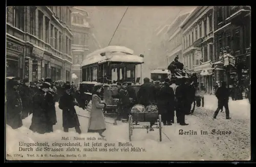 AK Berlin, im Schnee, Strassenbahn