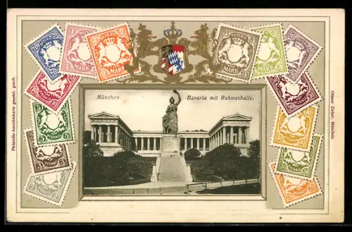 AK München, Bavaria mit Ruhmeshalle, Wappen und bayer. Briefmarken