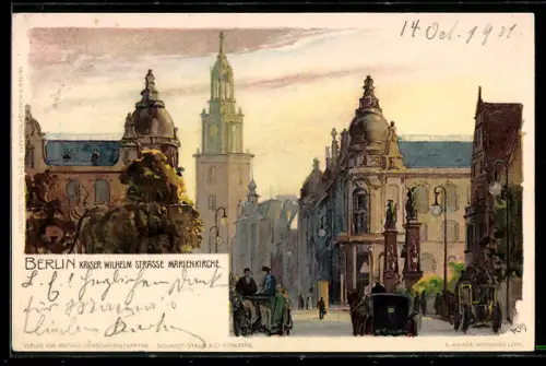 Künstler-Lithographie Heinrich Kley: Berlin, Kaiser Wilhelm Strasse mit Marienkirche