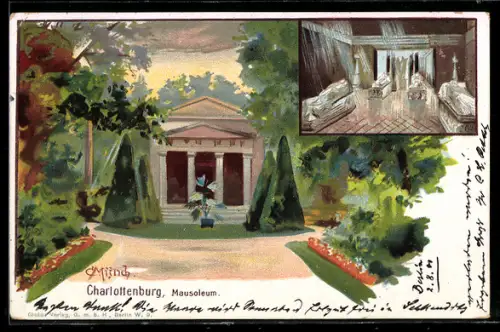 Künstler-AK Carl Münch: Berlin-Charlottenburg, Ansicht vom Mausoleum mit Innenansicht