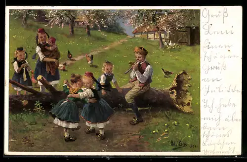 Künstler-AK Kinder bei Musik und Spiel in Hessischen Trachten