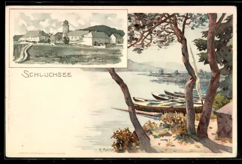 Künstler-AK Karl Mutter: Schluchsee, Boote am Ufer, Blick auf den Ort