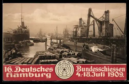 AK Hamburg, 16. Deutsches Bundesschiessen 1909, Blick auf den Hafen