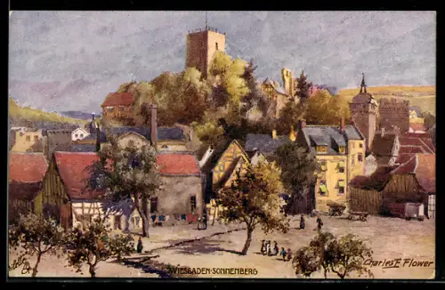 Künstler-AK Charles F. Flower: Wiesbaden-Sonnenberg, Teilansicht des Ortes