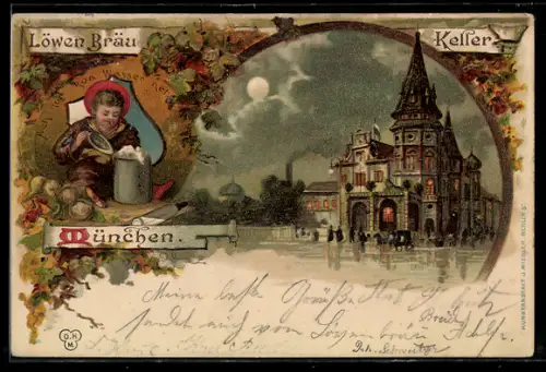 Lithographie München, Löwenbräu-Keller, Ach, nur koa Wasser net!
