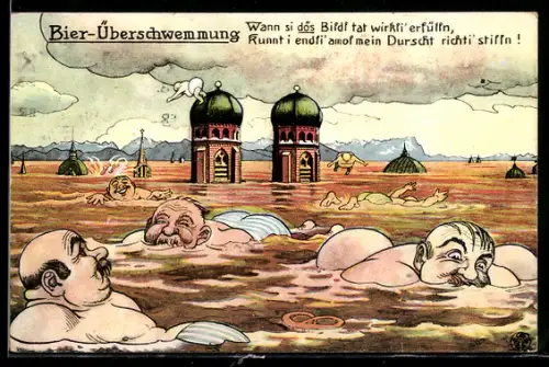 AK München, Bier-Überschwemmung, Herren schwimmen in Bier